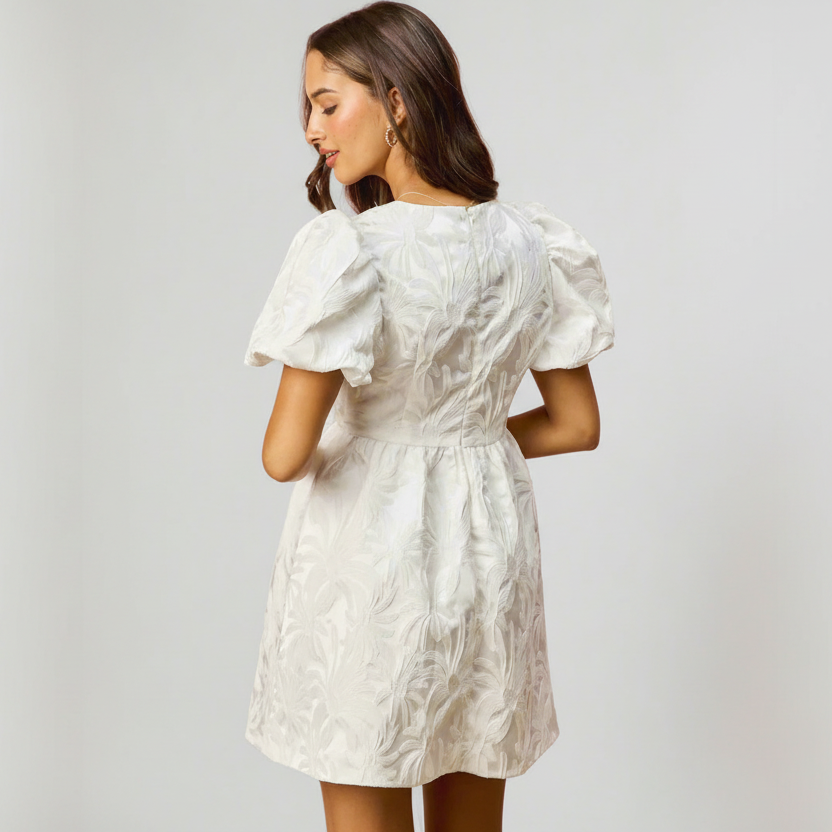 Floral Jacquard Puff Sleeve Mini Dress