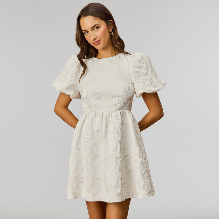 Floral Jacquard Puff Sleeve Mini Dress