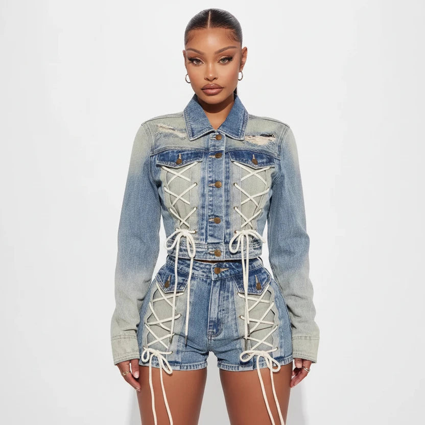 Denim Crop Jacket Two-Piece Set