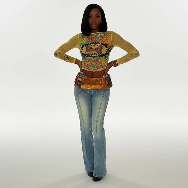 Long Sleeve Printed Crew Neck Top