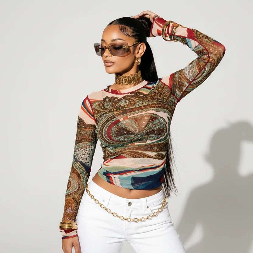 Mesh Printed Long Sleeve Crop Top