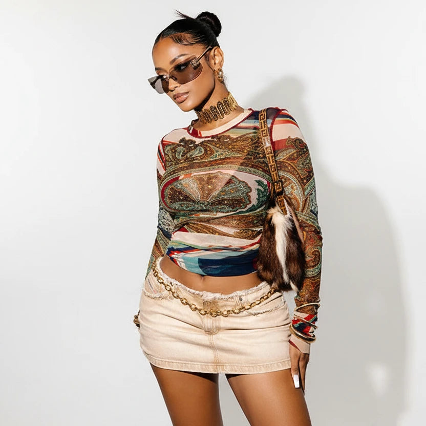 Mesh Printed Long Sleeve Crop Top