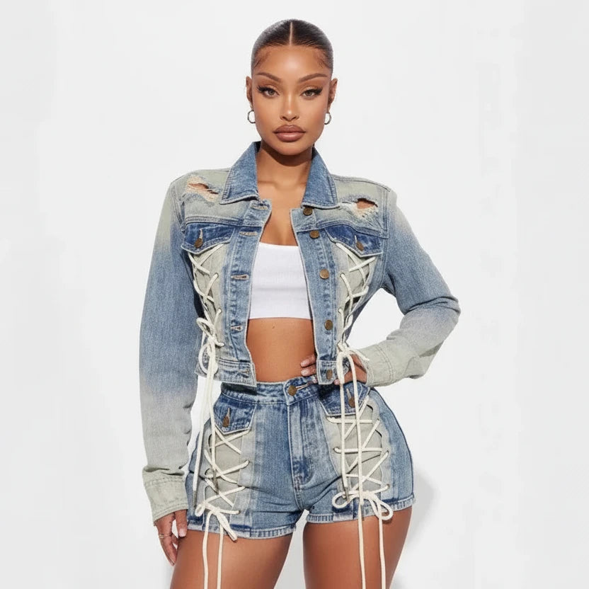Denim Crop Jacket Two-Piece Set