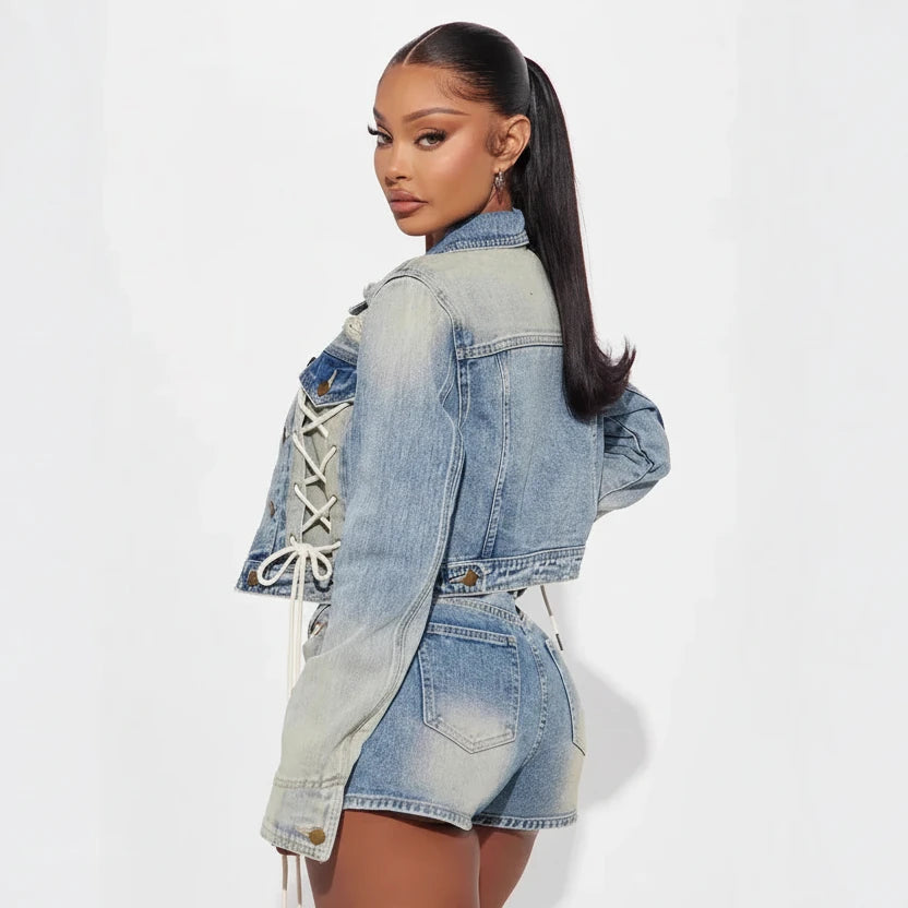 Denim Crop Jacket Two-Piece Set