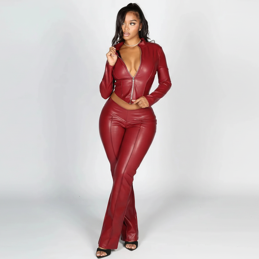 PU Zip Jacket & Flare Pants 2-Piece Set